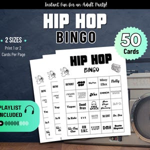 May include: Hip Hop Bingo game with 50 cards, featuring a playlist. The game includes two size options, with the option to print one or two cards per page. The game features a retro boombox in the background.