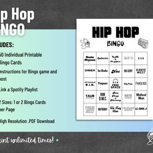 May include: A printable Hip Hop Bingo game with a black and white design. The bingo card features a grid with artist names like Eminem, Tupac, and Nas. The image includes the text "Hip Hop Bingo" and details about the game.
