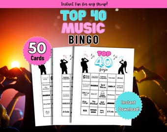 Top 40 Music Bingo Printable | Pop Music Party Game | Fun for All Ages | Instant Download | Perfect for Birthday Parties, BBQs & Game Nights