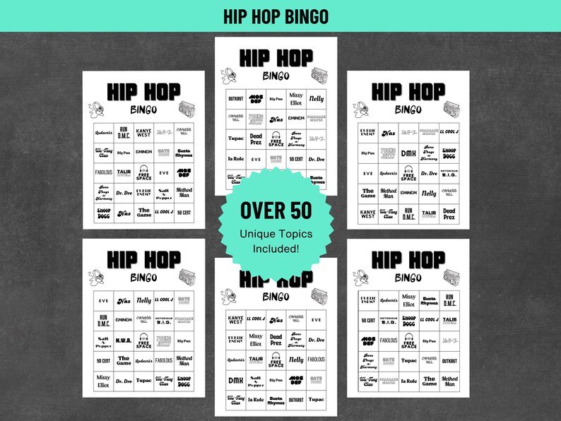 Hip Hop Bingo Game | Music Bingo Game with Playlist | Adult Fun Printable Party Games image 7