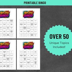 May include: Four printable "Trap Song Bingo" game sheets with colorful text and a teal starburst graphic that reads "Over 50 Unique Topics Included!" The bingo cards have a black and white grid with song titles.