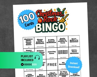 Afdrukbare bingo met kerstrockmuziek | Spel vakantieliedjes | 100 kaarten + bellijst en Spotify-afspeellijst | Feestspel voor de feestdagen | Direct downloaden