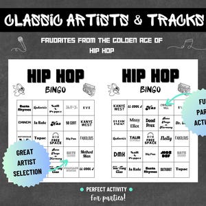 May include: Hip Hop Bingo game featuring classic artists and tracks from the golden age of hip hop. The game includes a great artist selection and is a fun party activity. The text on the image says "Classic Artists & Tracks".
