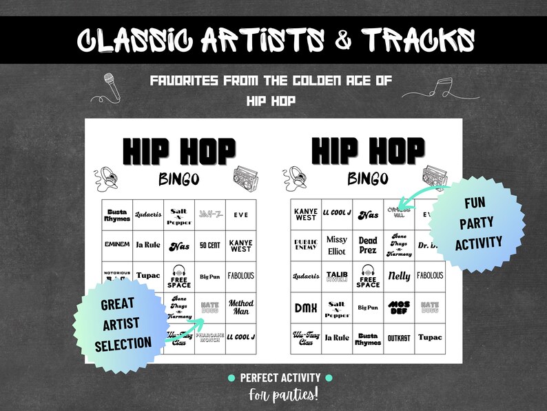 May include: Hip Hop Bingo game featuring classic artists and tracks from the golden age of hip hop. The game includes a great artist selection and is a fun party activity. The text on the image says "Classic Artists & Tracks".