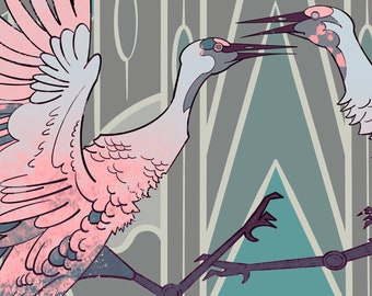 Art deco inspired geometric nature print with sand hill crane