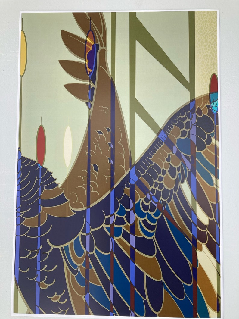 Art deco style inspired geometric nature print with a stylized sand hill crane. Deep navy blue and sienna tone feathers intersect the olive green lines of the background overlapping each other reminiscent of stain glass.
