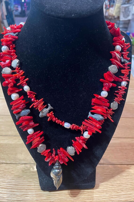 Native American Unique Vintage Santo Domingo Lapis Coral Sterling Silver Necklace Native American Unique Vintage Santo Domingo Lapis Coral Sterling Silver Necklace