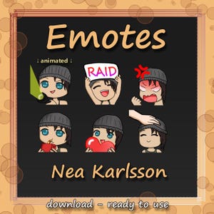 May include: A set of animated Twitch emotes featuring a cartoon character with black hair and a black beanie. The emotes include the character holding a sign that says "RAID", drinking from a red cup, holding a red heart, and with a surprised expression. The text "Emotes" and "Nea Karlsson" are also included in the image.