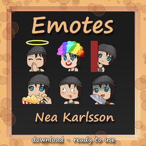 May include: A set of six digital emotes featuring a cartoon character with different expressions. The character is a young woman with brown hair and brown eyes. She is wearing a black beanie and a green tank top. The emotes include a halo, a clown hat, peeking around a corner, eating popcorn, sticking out her tongue, and holding a knife.