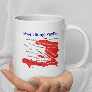 Taza con el mapa de Haití de Mwen Sonje Peyi'm / Taza de cerámica blanca brillante / Taza de café con herencia haitiana / Artículos para beber con temática haitiana / Regalo perfecto