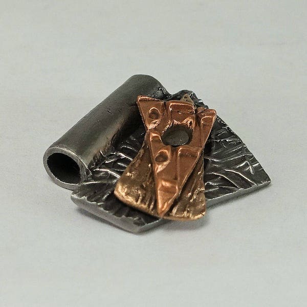 Bronze, Copper and Steel Metal Clay Pendant, Abstract. Handmade, OOAK