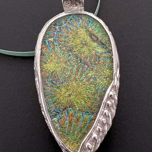 Handsome Dichroic Glass and Fine Silver Pendant with Peapod Design