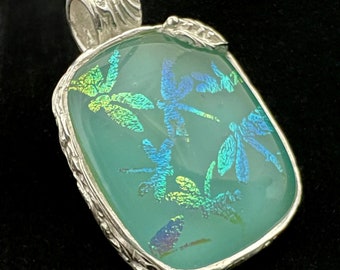 Dancing Dragonflies, Dichroic Glass Cabochon and Fine Silver Pendant, Handcrafted, OOAK
