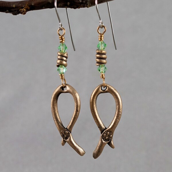 Jazzy Handcrafted Bronze Dangle Earrings with Green Crystal Beads OOAK