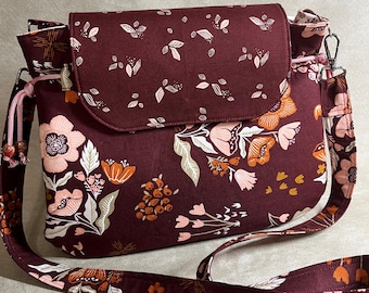 Maroon Floral Drawstring Satchel | Handmade Purse | Handmade in USA