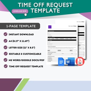 Time Off Request Form Vacation Request Form PTO Request Form Employee Time Off Request Form Leave of Absence Paid Time Off