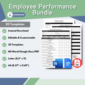 May include: A green and white digital download bundle of 20 employee performance templates. The templates are available in Microsoft Word, Google Docs, and PDF formats. The templates include employee evaluation forms, employee discipline forms, and last chance agreements. The templates are customizable and can be used for letter or A4 size paper.