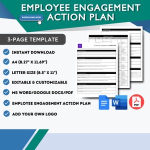 May include: A 3-page template for an employee engagement action plan. The template is available for instant download in A4 (8.27" x 11.69") or letter size (8.5" x 11"). It is editable and customizable and can be used with Microsoft Word, Google Docs, or PDF. The template includes sections for company information, challenges and initiatives, objectives and goals, and long-term goals. It also includes a section for employee engagement action plan.