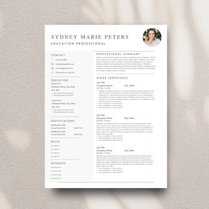May include: A black and white resume template with a professional headshot of a woman. The resume includes contact information, education, work experience, certifications, skills, and interests.