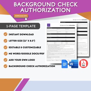 Puede incluir: Plantilla digital de autorización de verificación de antecedentes, diseño de 1 página. Descarga instantánea, editable y personalizable. Formato carta (21,59 cm x 27,94 cm), compatible con MS Word, Google Docs y PDF. Incluye espacio para añadir un logotipo.