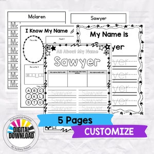 Puede incluir: Hoja de trabajo imprimible en blanco y negro para que los niños practiquen la escritura de su nombre. La hoja de trabajo incluye el nombre "Sawyer" y tiene secciones para trazar, escribir e identificar las letras del nombre. La hoja de trabajo también incluye una sección para colorear las letras.