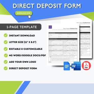 Puede incluir: Un gráfico azul y verde con el texto "DIRECT DEPOSIT FORM" en blanco. El gráfico también incluye el texto "DOWNLOAD NOW" en un botón blanco. Debajo del texto hay una lista de verificación con los siguientes elementos: "INSTANT DOWNLOAD", "LETTER SIZE (11" X 8.5")", "EDITABLE & CUSTOMIZABLE", "MS WORD/GOOGLE DOCS/PDF", "ADD YOUR OWN LOGO" y "DIRECT DEPOSIT FORM". El gráfico también incluye dos imágenes de un formulario con el texto "Direct Deposit Enrollment Form" y dos iconos: un icono de Microsoft Word y un icono de PDF.