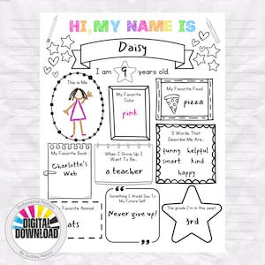 May include: A printable worksheet for kids to fill out about themselves. The worksheet includes sections for name, age, favorite color, favorite food, favorite book, what they want to be when they grow up, five words that describe them, something they would say to their future self, and their favorite animal. The worksheet also includes a star with the number 3rd on it, indicating the grade the child is in.
