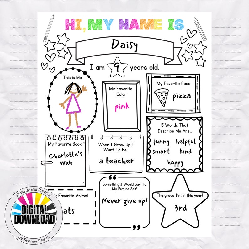 May include: A printable worksheet for kids to fill out about themselves. The worksheet includes sections for name, age, favorite color, favorite food, favorite book, what they want to be when they grow up, five words that describe them, something they would say to their future self, and their favorite animal. The worksheet also includes a star with the number 3rd on it, indicating the grade the child is in.