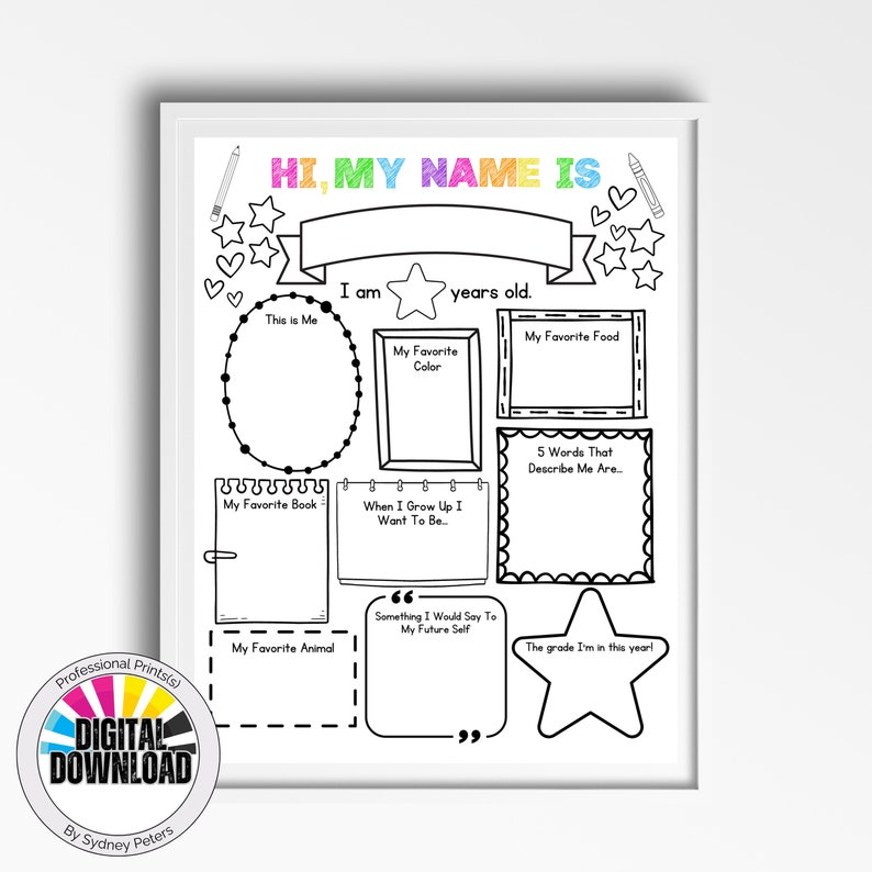 May include: A printable worksheet for kids to fill out about themselves. It includes prompts like "This is Me", "My Favorite Color", "My Favorite Food", "My Favorite Book", "When I Grow Up I Want To Be", "My Favorite Animal", "Something I Would Say To My Future Self", and "The grade I'm in this year!"