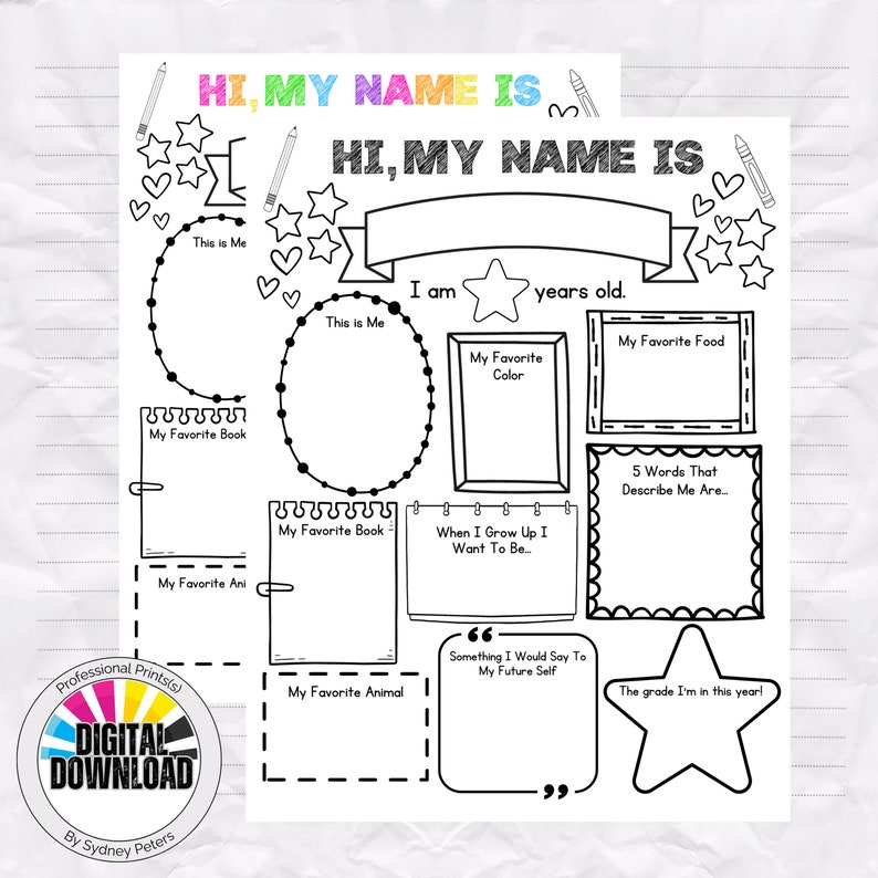 May include: A printable worksheet for kids to fill out about themselves. It includes sections for their name, age, favorite book, favorite color, favorite food, favorite animal, favorite art, what they want to be when they grow up, five words that describe them, and something they would say to their future self. The worksheet is decorated with stars, hearts, and a rainbow.
