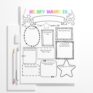 May include: A printable worksheet for kids to fill out about themselves. It includes prompts like "This is Me", "My Favorite Color", "My Favorite Food", "My Favorite Book", "When I Grow Up I Want To Be", "5 Words That Describe Me Are", "Something I Would Say To My Future Self", "My Favorite Animal", and "The grade I'm in this year".