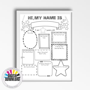 May include: Black and white printable worksheet for kids to fill in about themselves. It includes prompts like "This is me", "My favorite color", "My favorite food", "My favorite book", "When I grow up I want to be", "5 words that describe me are", "Something I would say to my future self", "My favorite animal", and "The grade I'm in this year".