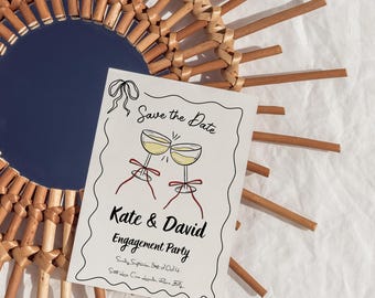 May include: Save the date card with a black and white illustration of two champagne glasses clinking. The text reads "Save the Date", "Kate & David", "Engagement Party", "Sunday, September 20, 2014", and "Sunset Cove, Ocean Drive, Florida".
