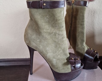 Andrea Cancellieri platform open toe booties khaki green high heels