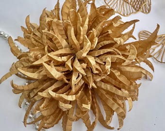 Golden Satin Chrysanthemum Brooch: Handmade Statement Flower Pin