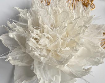 warm white brooch flower with feathers