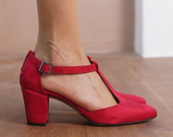 Scarpe Mary Jane rosse, scarpe con tacco medio alto in camoscio