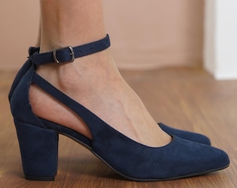 Marineblaue Hochzeits Heels, Vegane Wildleder Brautschuhe mit Mittelhoher Blockabsatz, Klassische Knöchelriemen Brautjungfer Hochzeit Sandalen, Geschenk für Sie
