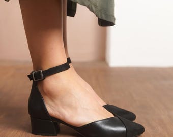 Black Dress Shoes, Black Vegan Leather and Suede Short Wedding Shoes with Low Block Bridal Heels, Ankle Straps Bridesmaid Comfy Heels