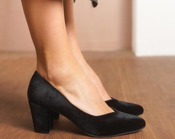 Black Wedding Shoes, Black Silky Velvet Wedding Heels, Medium High Block Formal Bride Shoes, Designer Sweetheart Women Dress Shoes