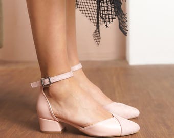 Pink Wedding Shoes, Blush Pink Vegan Leather and Suede Short Wedding Shoes with Low Block Bridal Heels, Ankle Straps Bridesmaid Comfy Heels