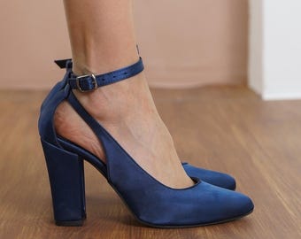 Navy Blue Wedding Heels, Silky Satin Vegan Bridal Shoes with High Block Heels, Classic Ankle Strap Brides Wedding Shoes, Vegan Gift for Her