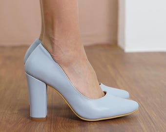 Baby Blue Bridal Heels, Light Blue Vegan Leather Wedding Shoes, Elegant High Block Heel, Blue Designer Wedding Shoe, Party Wear Women Pumps