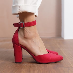 Red Ankle Strap Shoes, Vegan Suede Wedding Shoes with High Block Bridal Heels, Red Classic Lolita Brides Wedding Heels, Vegan Gift for Her