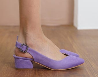 Lilac Bridal Sweetheart Shoes, Vegan Suede Wedding Heels, Low Block Heels for Bride, Lilac Classic Women Slingback Wedding Flat Sandals
