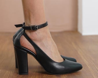Black Wedding Heels, Vegan Leather Bridal Shoes with High Block Heels, Classic Ankle Strap Brides Wedding Shoes, Vegan Gift for Her