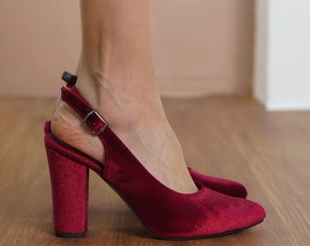 Burgundy Bridal Heels, Red Velvet Wedding Shoe, High Block Heel for Bride, Classic Women Closed Slingback Wedding Sandal, Vegan Gift for Her