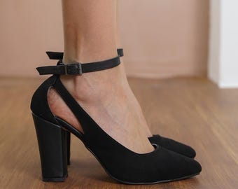 Black Wedding Heels, Vegan Suede Bridal Shoes with High Block Heels, Classic Ankle Strap Brides Wedding Shoes, Vegan Gift for Her