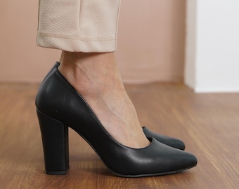 Black Bridal Heels, Vegan Leather Wedding Shoes, Elegant High Block Heel, Classical Designer Wedding Shoe, Party Wear Women Pump, Vegan Gift