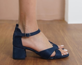 Navy Blue Criss Cross Shoes, Vegan Suede Open Toe Ankle Straps Short Wedding Shoes with Low Block Bridal Heels, Blue Brides Wedding Heels